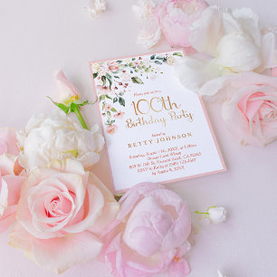 Elegant Rosa & Guld Blommigt Kvinens hundraårsjubi Inbjudningar