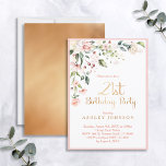 Elegant Rosa & Guld Blommigt Kvinens tjugoförsta f Inbjudningar<br><div class="desc">Den moderna,  elegant kvinnans 21:a födelsedagsinbjudan med vackra motiv för rosa blommigt i det övre hörnet,  med "21:a födelsedagen Party" och baksidan av kortet i faux made guld foil,  och namn i matchande text från guld färgad. Borterad i rosa. Inbjudningskort för Elegant av upphovsrätt,  alla höger reserverade.</div>