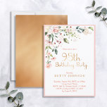Elegant Rosa & Guld Blommigt Kvinna 95:e födelseda Inbjudningar<br><div class="desc">Den moderna,  elegant kvinnans 95:e födelsedagsfest inbjudan har en vacker blommigt för rosa vattenfärg i det övre hörnet,  med "95:e Födelsedagsfesten" och baksidan av kortet i folie av projektionsyta i guld och namn i motsvarande färgad i guld. Borterad i rosa. Inbjudningskort för Elegant av upphovsrätt,  alla höger reserverade.</div>