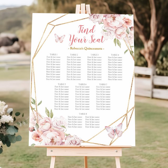 Elegant Rosa Guld Blommigt Quinceañera Sittdiagram Poster (Skapare uppladdad)