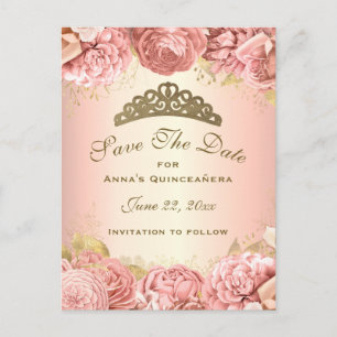 Elegant Rosa Guld Blommigt Quinceanera Spara datum Vykort
