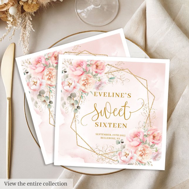 Elegant  Rosa Guld Blommigt Söt 16 Party Pappersservett (Elegant Blush Pink Gold Floral Sweet 16 Party Napkins)