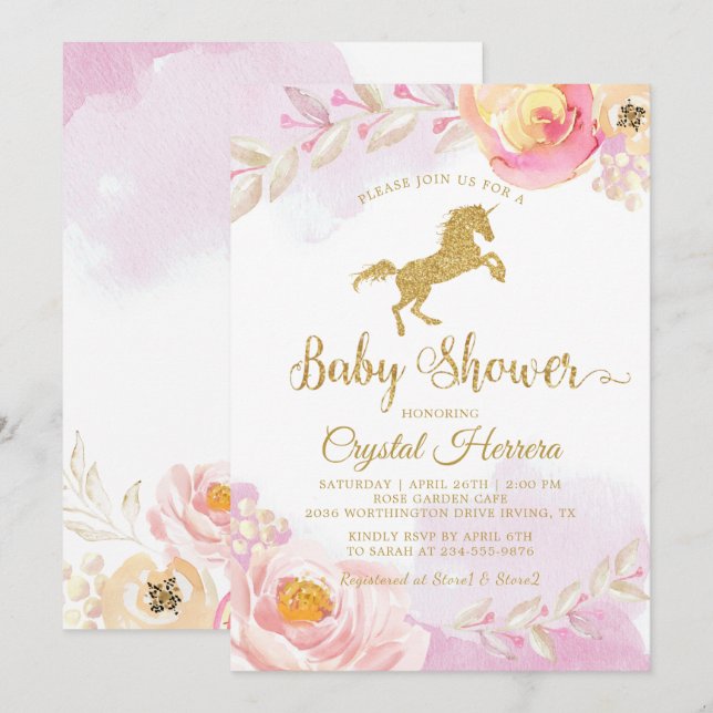 Elegant Rosa & Guld Blommigt Unicorn Baby Shower Inbjudningar (Fram/baksida)