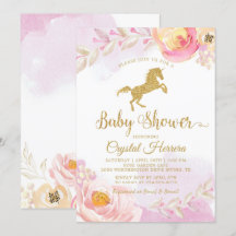 Elegant Rosa & Guld Blommigt Unicorn Baby Shower