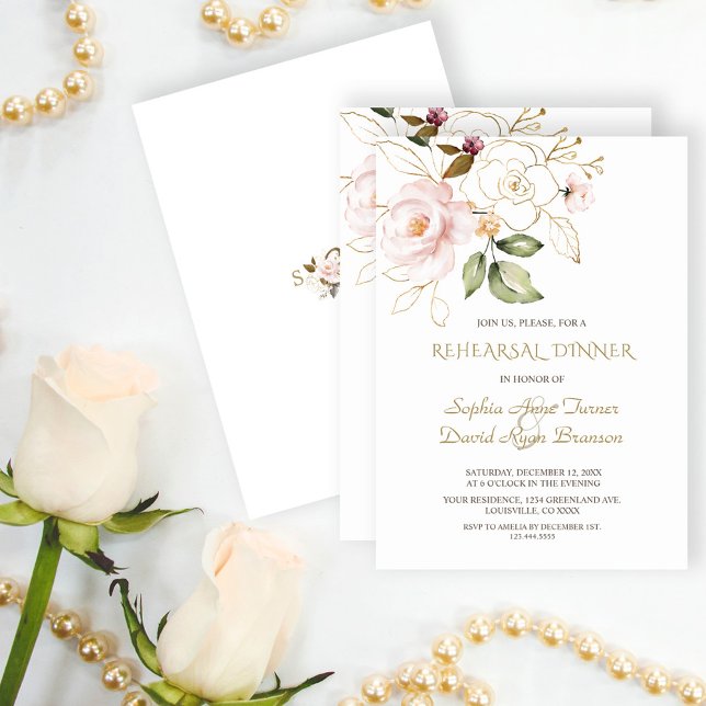 Elegant Rosa  Guld Blommor Rehearsal Middag Inbjudningar (trendy rehearsal dinner pink floral, elegant gold pink roses wedding, modern floral rehearsal dinner)