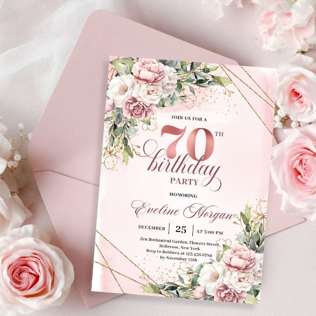 Elegant Rosa Guld Bohemisk Blommig 70-årsdag   Inbjudningar (Elegant Rose Gold Bohemian Floral 70th Birthday Invitation)