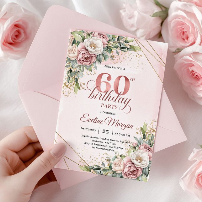 Elegant Rosa Guld Boho Blommig 60-års Födelsedagsi Inbjudningar (Elegant Rose Gold Boho Floral 60th Birthday Invitation)
