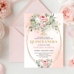 Elegant Rosa & Guld Boho Quinceañera Blommig Inbju Inbjudningar