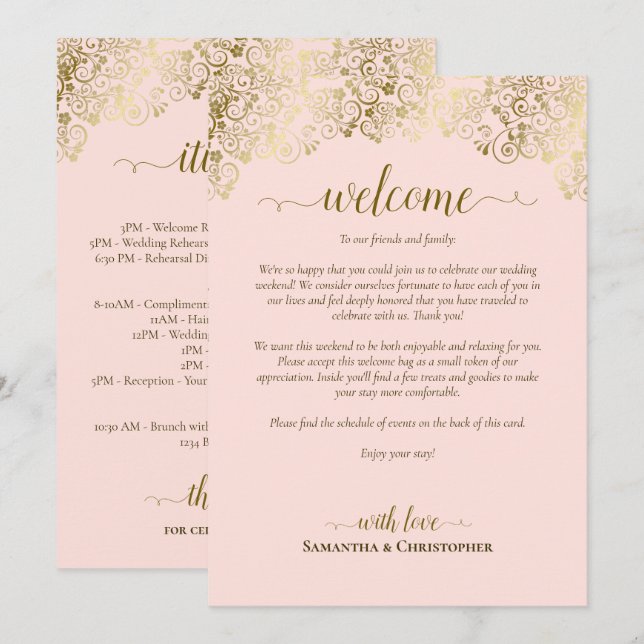 Elegant rosa & guld bröllop välkomstkort & program (Fram/baksida)