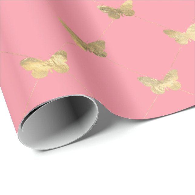 Elegant Rosa Guld Butterfly Mönster Wrapping Pappe Presentpapper (Rullad Hörn)