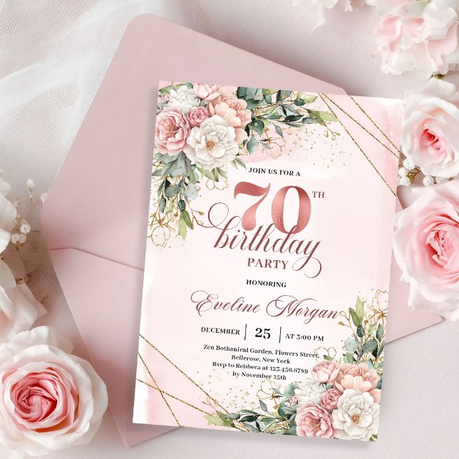 Elegant Rosa Guld Dammig Rosa Blommig 70-årsdag  Inbjudningar (Rose gold floral 70th birthday,
editable custom digital invitation,
budget delicate birthday invite )