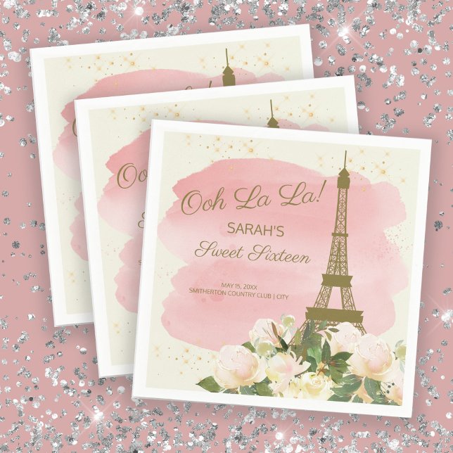 Elegant Rosa Guld Eiffel Torn Paris Sweet 16 Pappersservett (Skapare uppladdad)