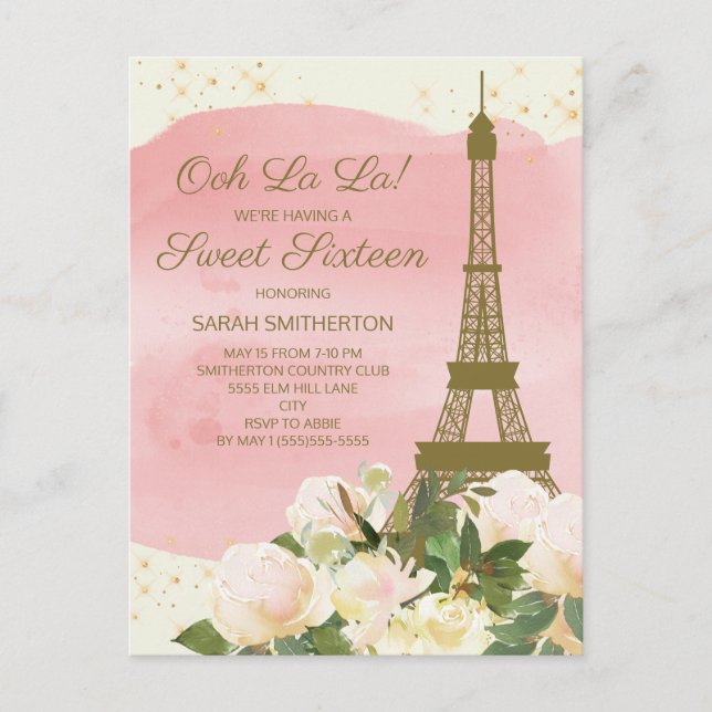 Elegant Rosa Guld Eiffel Torn Paris Sweet 16 Vykort (Framsida)
