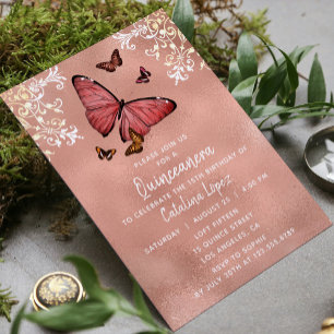 Elegant Rosa Guld Fjäril Blommig Quinceañera Inbjudningar