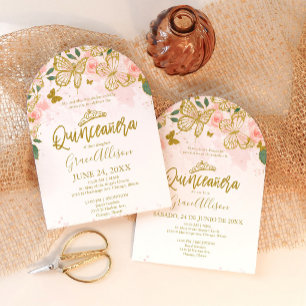Elegant Rosa Guld Fjäril Tvåspråkig Quinceanera Inbjudningar