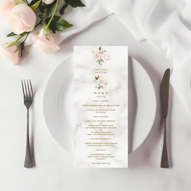 Elegant Rosa Guld Flowers Marble Baptism Menu Meny (Skapare uppladdad)