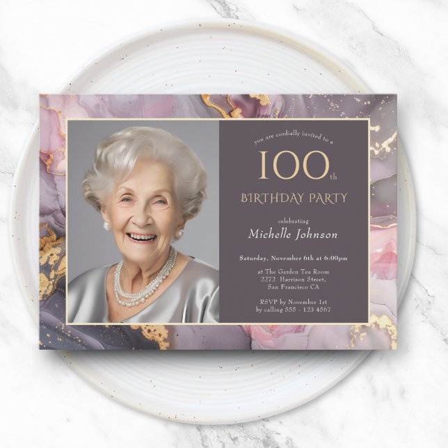 Elegant Rosa Guld Foto 100:e födelsedagen Inbjudningar (Elegant Pink Gold Photo 100th Birthday Invitation)