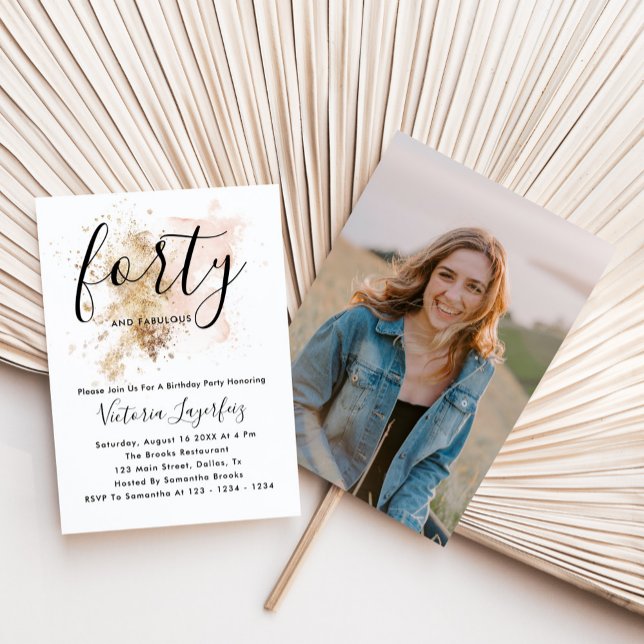 Elegant Rosa & Guld Foto 40:e födelsedagen Party Inbjudningar (Skapare uppladdad)