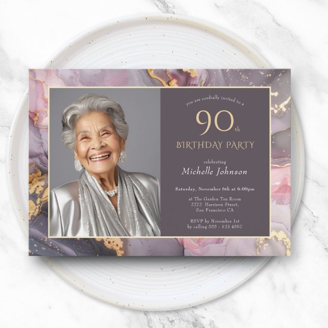 Elegant Rosa Guld Foto 90:e födelsedag Inbjudningar (Elegant Pink Gold Photo 90th Birthday Invitation)