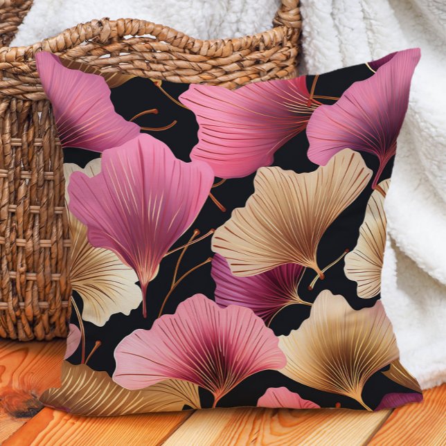 Elegant Rosa Guld Ginko Löv Black Kudde (Elegant pink and gold ginko on black decorator pillow)