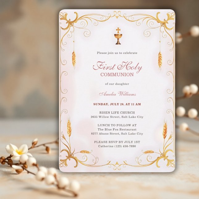 Elegant Rosa & Guld Girl First Heliga Communion Inbjudningar (Elegant First Holy Communion Invitation for Girl – Pink & Gold Chalice Design)