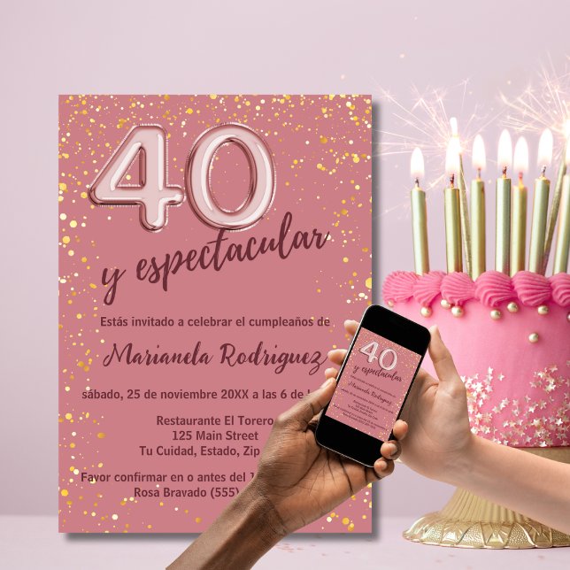 Elegant Rosa Guld Glitter 40-årsfirande Spansk Inbjudningar (Skapare uppladdad)