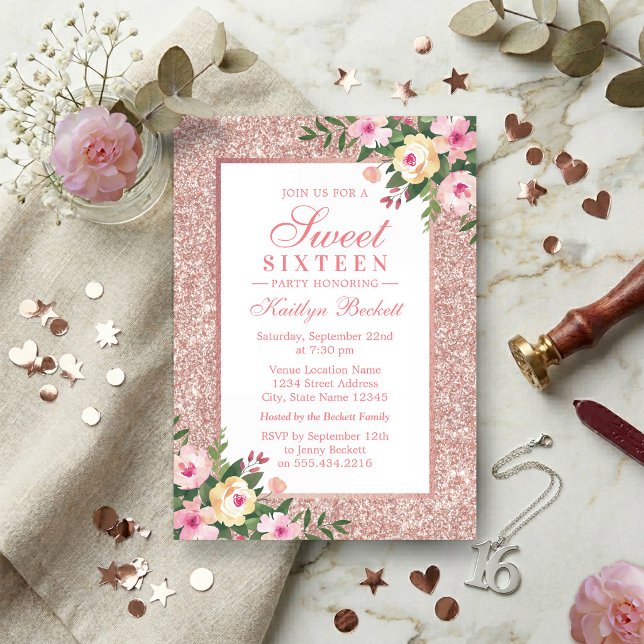 Elegant Rosa Guld Glitter Blommig Sweet 16 Födelse Inbjudningar (Skapare uppladdad)
