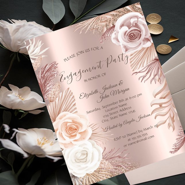 Elegant Rosa Guld Glitter Boho Blommor Förlovning  Inbjudningar (Skapare uppladdad)