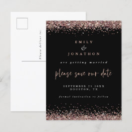 Elegant Rosa Guld Glitter Bröllop Svart Spara Datu Meddelande Vykort