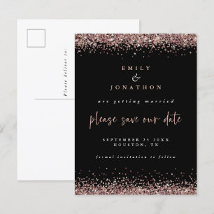 Elegant Rosa Guld Glitter Bröllop Svart Spara Datu Meddelande Vykort