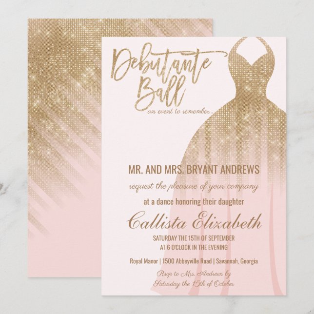 Elegant Rosa Guld Glitter Dress Debutante Dance Inbjudningar (Fram/baksida)