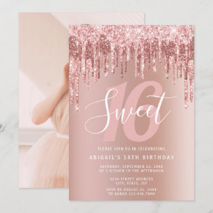 Elegant rosa guld glitter droppar sweet sixteen inbjudningar
