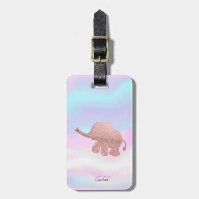 Elegant rosa guld glitter elefant holografisk bagagebricka (Vertikal Framsida)