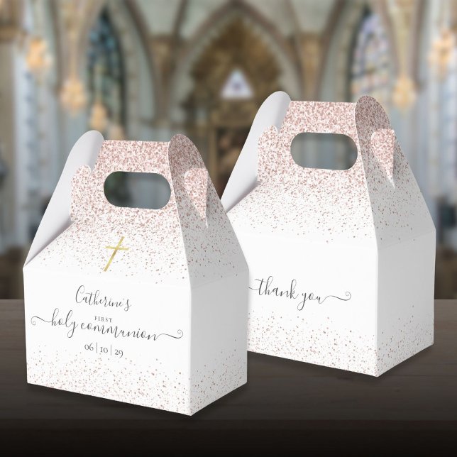 Elegant Rosa Guld Glitter Första Nattvarden Presentaskar (Elegant Rose Gold Glitter First Holy Communion Favor Boxes)