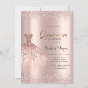 Elegant Rosa Guld Glitter Klänning Dammig Quinceañ Inbjudningar