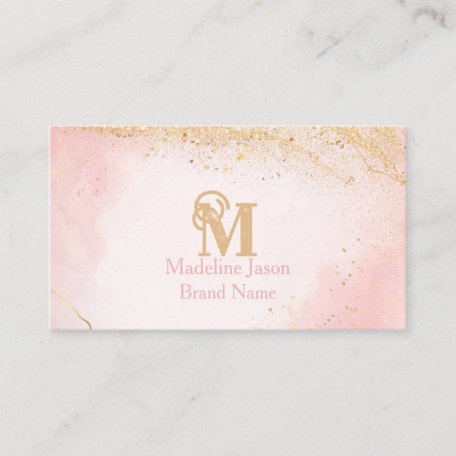 Elegant rosa guld glitter marmor agat monogram visitkort (Framsida)