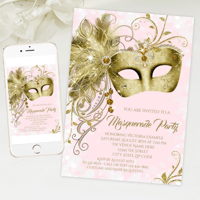 Elegant rosa guld glitter maskeradfest inbjudningar (Pink and gold masquerade party invitation with elegant gold jewel mask. For download and print.)