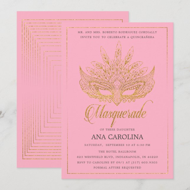 Elegant Rosa Guld Glitter Masquerad Quinceañera Inbjudningar (Fram/baksida)