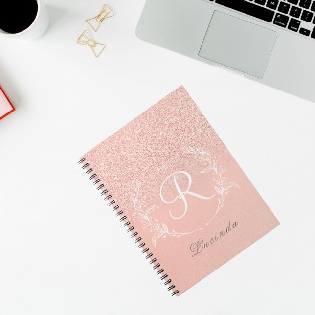 Elegant Rosa Guld Glitter Monogram Anteckningsbok (Skapare uppladdad)