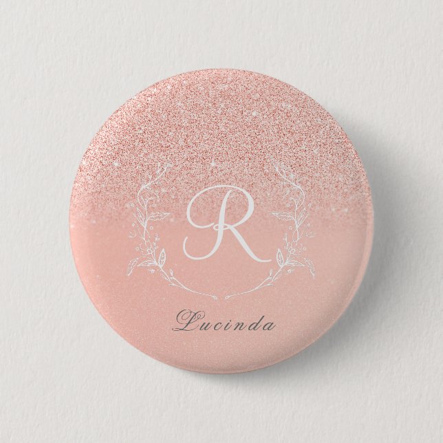 Elegant Rosa Guld Glitter Monogram Knapp (Framsida)