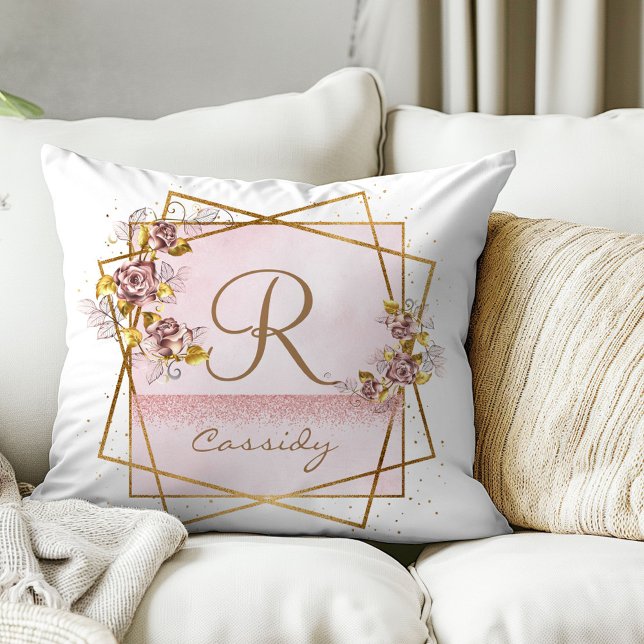 Elegant Rosa Guld Glitter Ros Monogram Kudde (Skapare uppladdad)