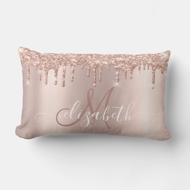 Elegant Rosa Guld Glitter Rosa Guld Monogram Lumbarkudde (Framsida)