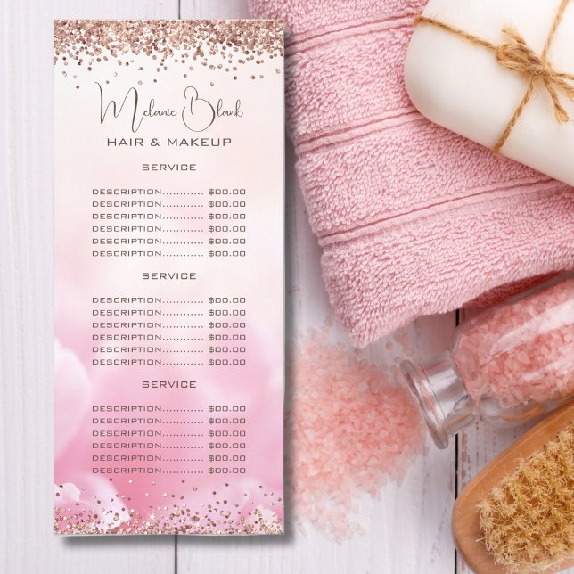 Elegant Rosa Guld Glitter Skönhetssalong Prislista Reklamkort (Skapare uppladdad)