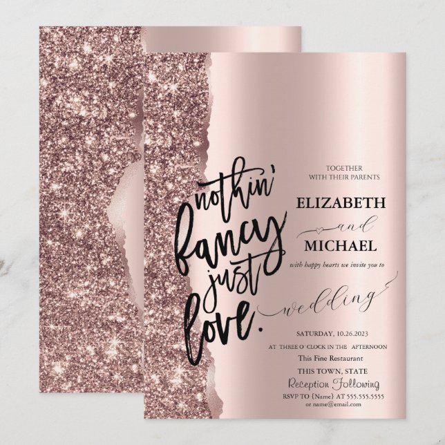 Elegant Rosa Guld Glitter Skrift Bröllop Inbjudningar (Fram/baksida)