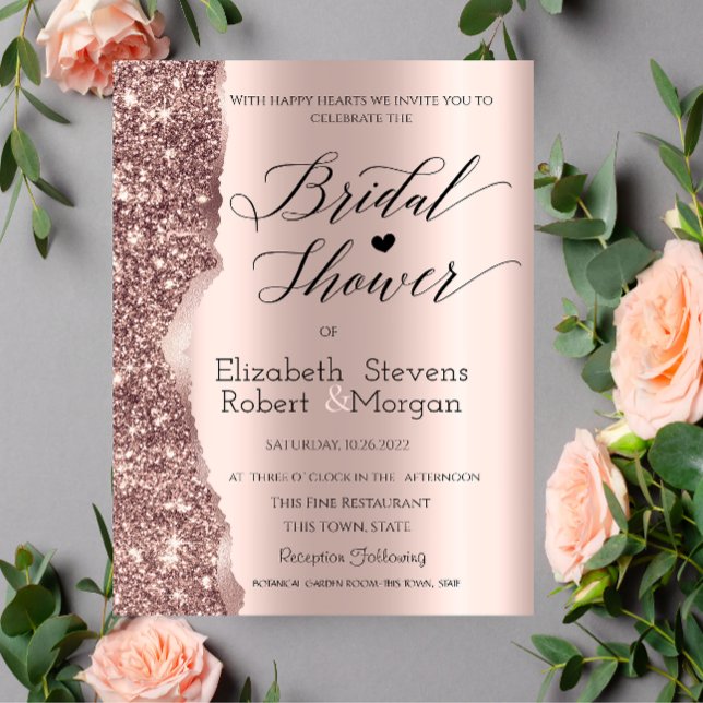 Elegant Rosa Guld Glitter Skrift Bröllopsdusch Inbjudningar (Skapare uppladdad)