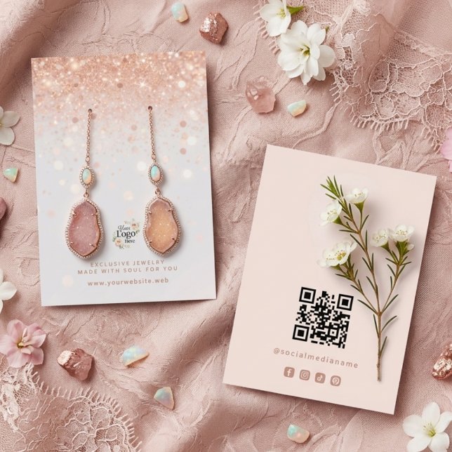 Elegant Rosa Guld Glitter Smycken Display TMF26 Visitkort (Elegant Faux Rose Gold Glitter Effect Jewelry Display Card With Custom Business Logo.)