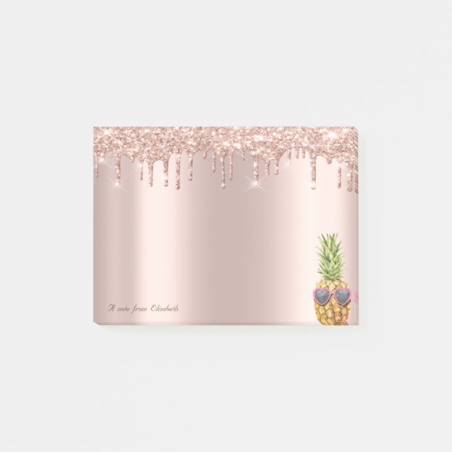Elegant Rosa Guld Glitterdroppar Cool Ananas Post-it Block (Framsida)