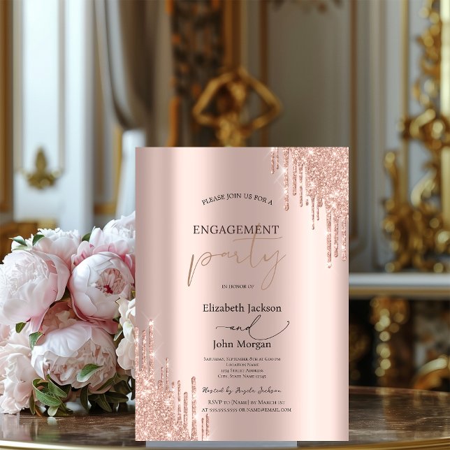 Elegant Rosa Guld Glitterdroppar Förlovningsfest Inbjudningar (Skapare uppladdad)