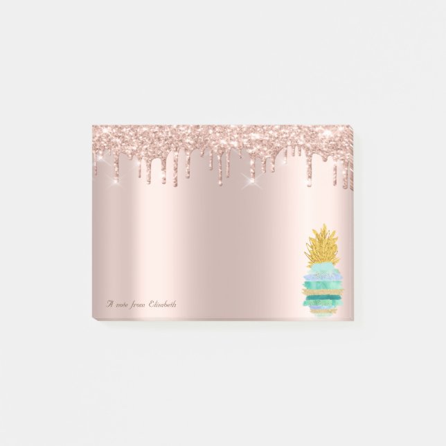 Elegant Rosa Guld Glitterdroppar GrönAnanas Post-it Block (Framsida)