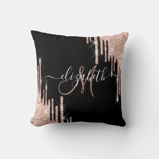 Elegant Rosa Guld Glitterdroppar Svart Monogram Kudde (Framsida)